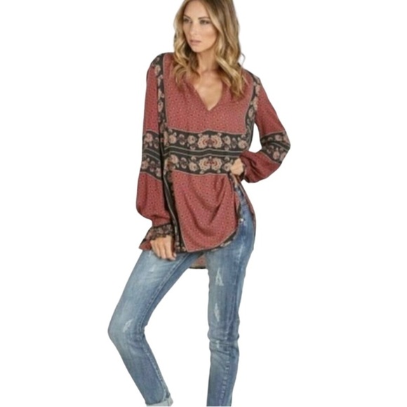 Free People boho floral print bell sleeves  tunic size small - Picture 1 of 7